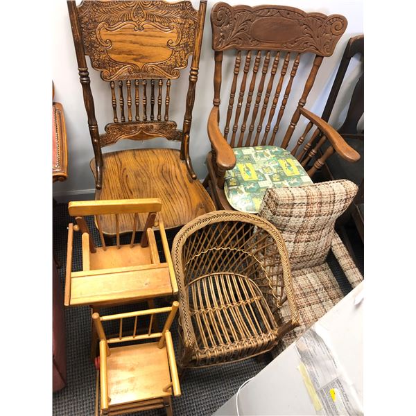 Group of 6 - includes 2 vintage estate chairs & rocking doll chair / baby doll highchair etc