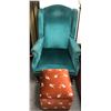 Image 1 : Vintage estate green wingback chair (approx 24" x 25 1/2" x 38 1/2" H) & Ottoman 15" x 14" x 16 1/2"