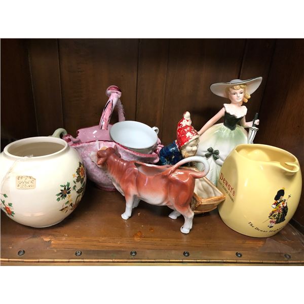 Group of approx 8 decorative vintage estate items - includes dwarf pulling cart / 1964 Victorian wom