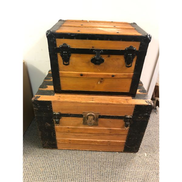 Group of 2 wooden chest boxes w/ contents (approx 28" x 16" x 18" H)