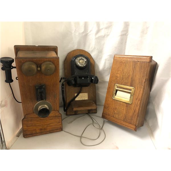 Group of 3 vintage estate items - includes wall hand crank telephone / Sam Gooch bakelite monophone 