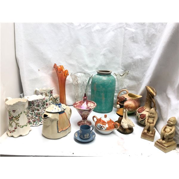 Group of 15 vintage estate decorative items - includes glass vases / goose girl / Billy can & Billy 