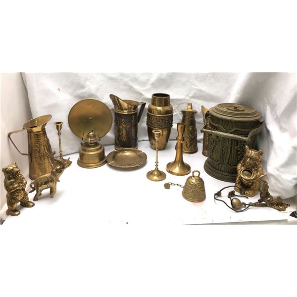 Group of vintage estate brass home decor - includes brass water jugs / oil lamp / brass bear figures