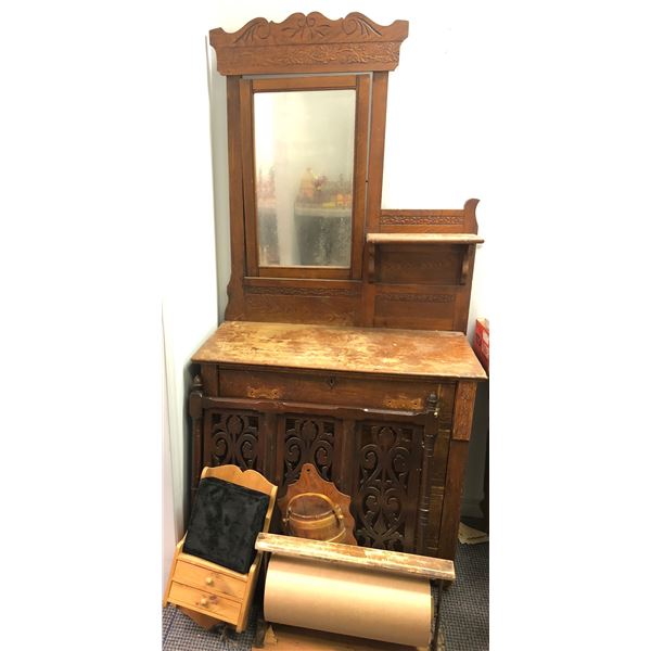 Vintage estate victorian styled cabinet w/ mirrored top & misc contents - includes cabinet (approx 3