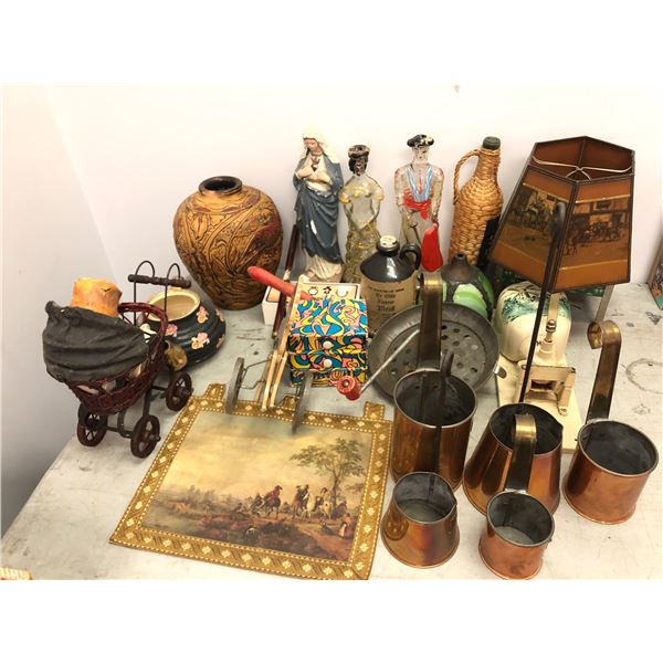 Group of assorted vintage estate decorative items - includes clear Matador collector Brandy bottles 