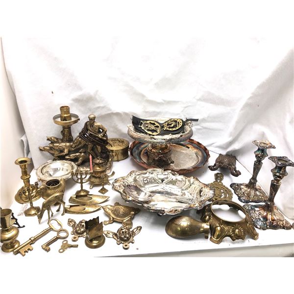 Group of vintage estate brass home decor - includes brass figurine lamps / spoons / brass Aladdin ge