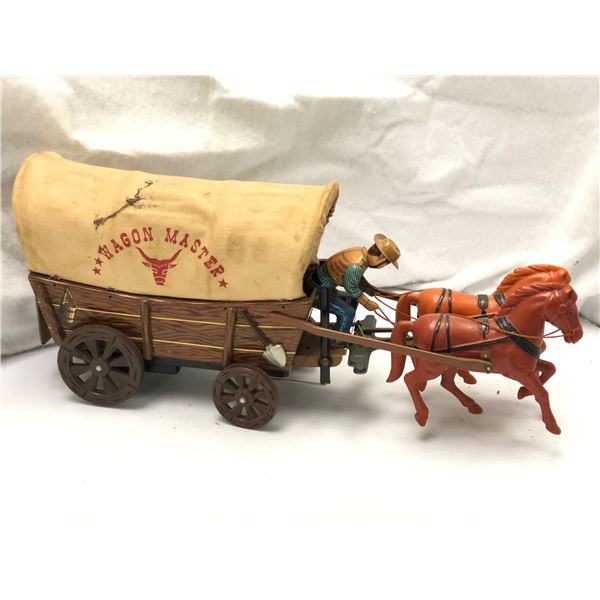 Vintage estate Wagon master tin wagon horse drawn carriage w/ rider toy