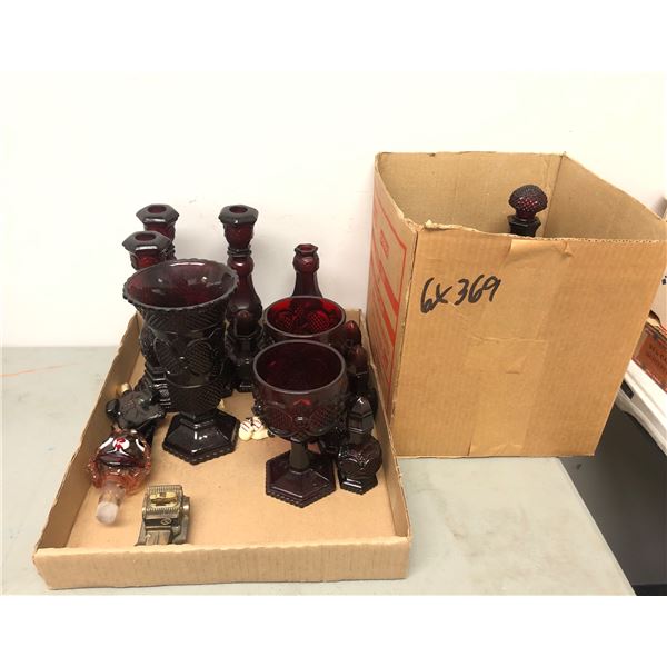 Group of 25 estate ruby red decanters - includes wine goblets / jugs / salt & pepper shakers etc