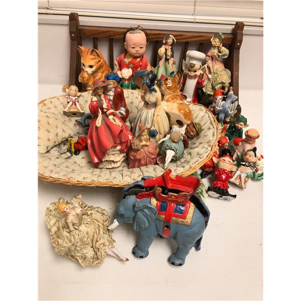 Group of assorted vintage estate figurines - includes pixie elf figurines / victorian lady figurine 