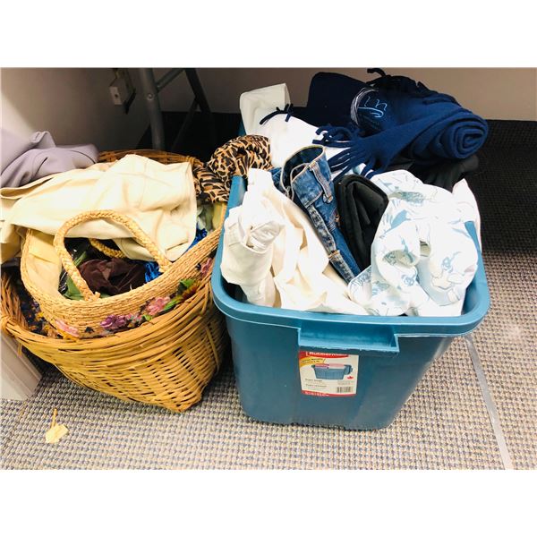 2 bins full of vintage estate clothes - includes pants / blue jeans / skirts / braided chair rugs et