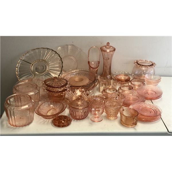 Group of vintage estate pink depression glass plates / bowls / platters / cups / saucers etc - appro