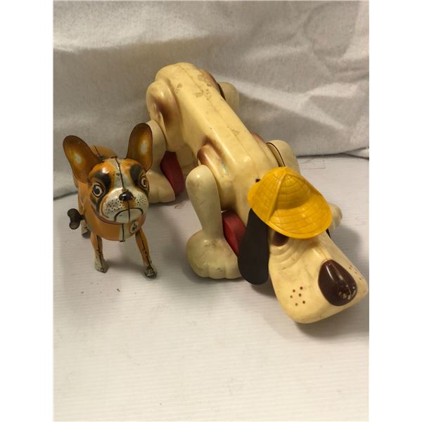 Vintage Digger sniffing detective dog & Vintage French Bulldog walking tin toy