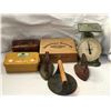 Image 1 : Group of assorted vintage estate items - includes universal household scale / cast iron clothing doo