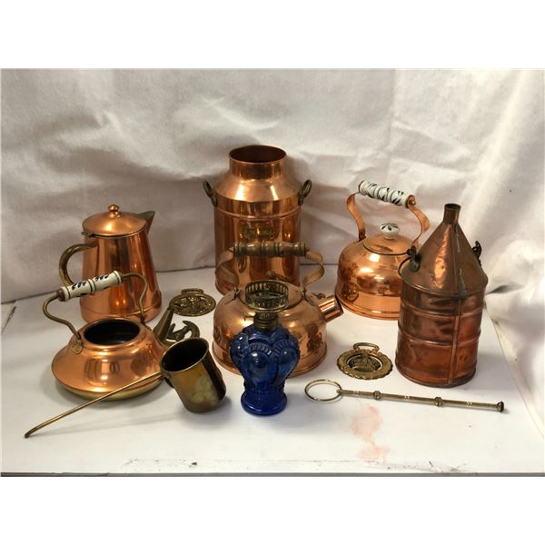 Group of vintage estate copper plated items - includes 1980's milk can / teapot / blue glass mini oi