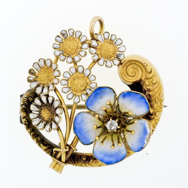 Antique Art Nouveau 14K Gold Diamond Flower Enamel Scroll Repousse Brooch Pin