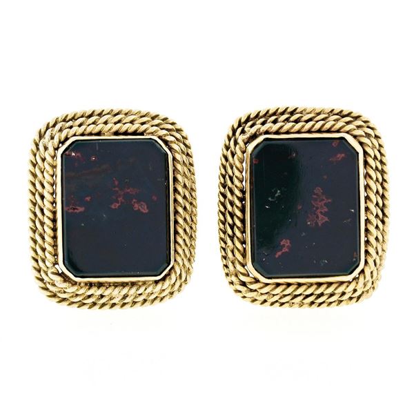 Vintage 14K Yellow Gold Octagonal Bloodstone Twisted Wire Frame Button Earring