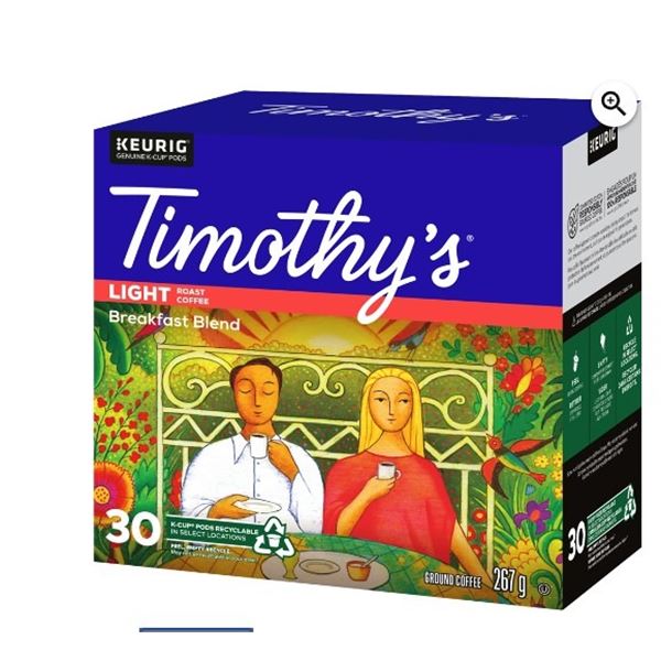 NEW BOX OF 30 TIMOTHYS LIGHT ROAST BREAKFAST BLEND