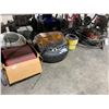Image 1 : ASSORTED HOSES, PRESSURE WASHER WANDS, SPARE TIRE, SERVICE LIGHT, YELLOW SPOOL OF ROPE, & BOX OF