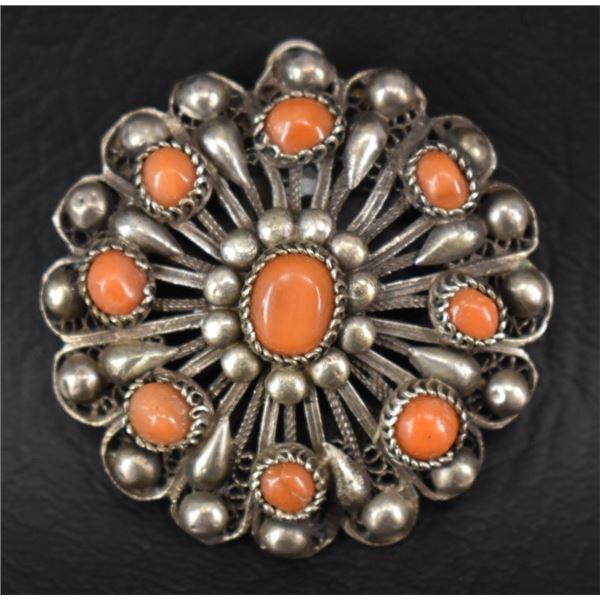 STERLING SILVER AND CORAL PIN/PENDANT