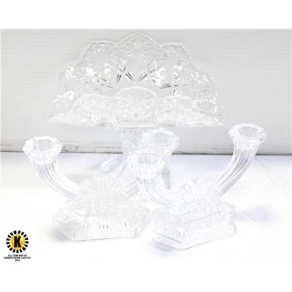 CRYSTAL PLATE AND SET OF CANDLE HOLDERS