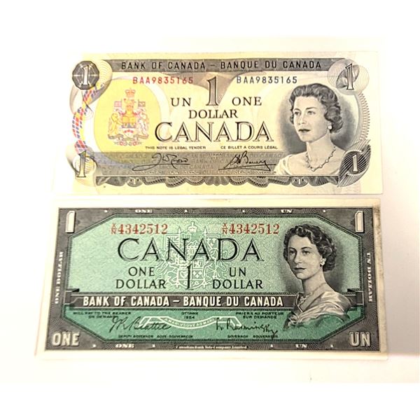 LOT OF 2 CANADIAN $1.00 BANKNOTES, 1974 &