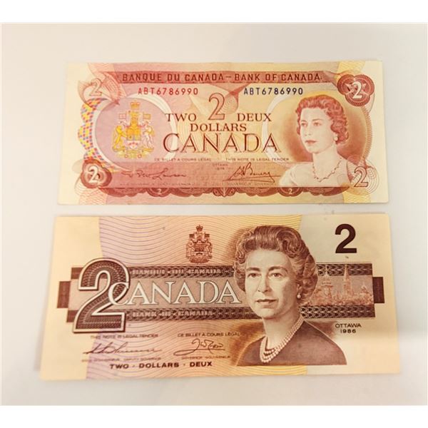 LOT OF 2 CANADIAN $2.00 BANKNOTES, 1954 &