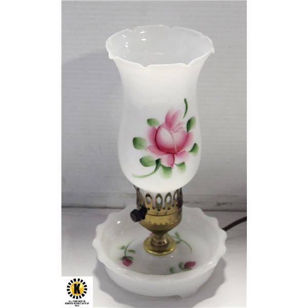 VINTAGE MILK GLASS FLORAL ELECTRIC HURRICANE LAMP