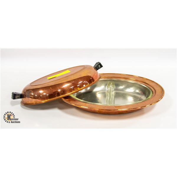VINTAGE GLASSWARE USA OVEN DISH W/ COPPER COVER