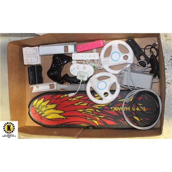 BOX OF WII GAMING ACCESSORIES AND REMOTE