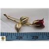 Image 1 : GOLD TONE BROOCH WITH RED PEDDLES OF A ROSE