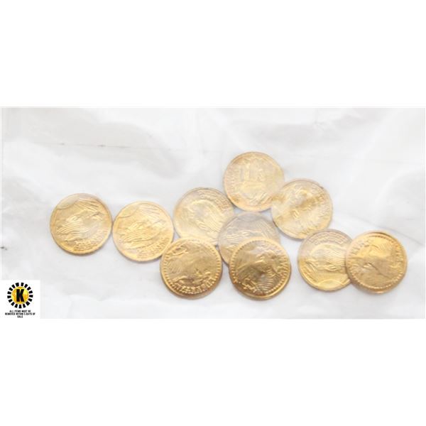 LOT OF 10 REPLICA MINI GOLD PLATED COINS