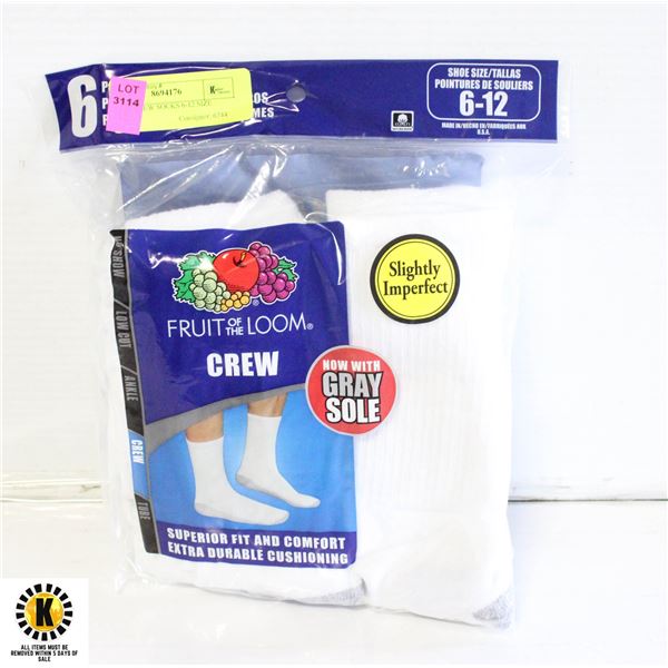 WHITE CREW SOCKS 6-12 SIZE 6-PACK