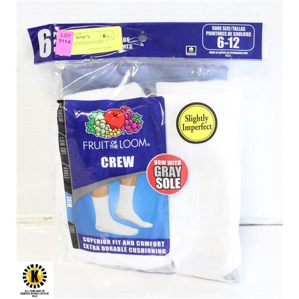 WHITE CREW SOCKS 6-12 SIZE 6-PACK