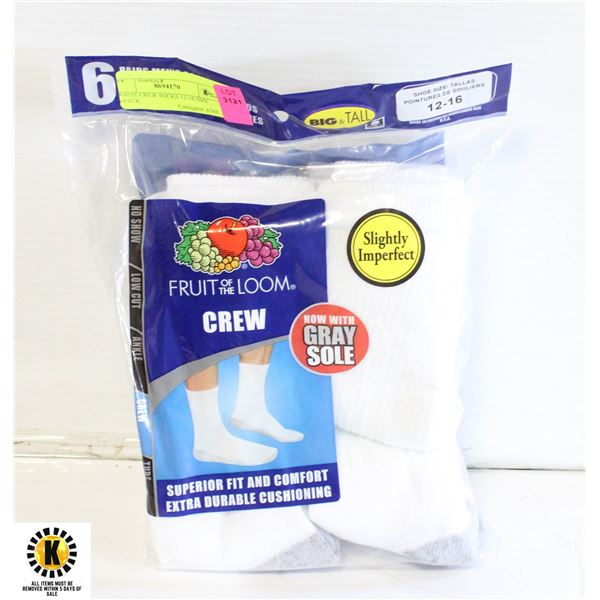 WHITE CREW SOCKS 12-16 SIZE 6-PACK