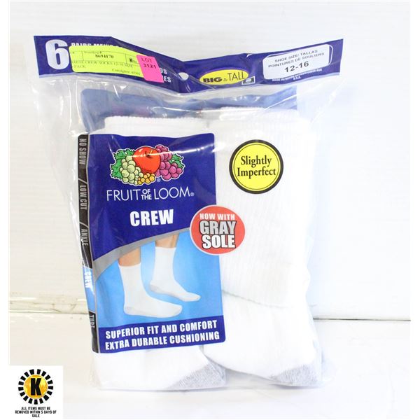 WHITE CREW SOCKS 12-16 SIZE 6-PACK