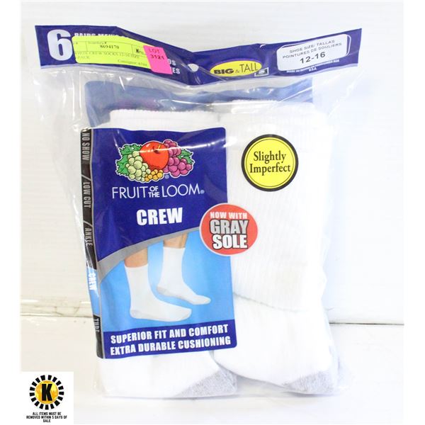 WHITE CREW SOCKS 12-16 SIZE 6-PACK