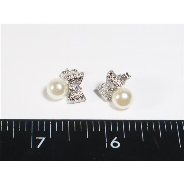 NEW RHINESTONE BOW, FAUX PEARL EARRINGS