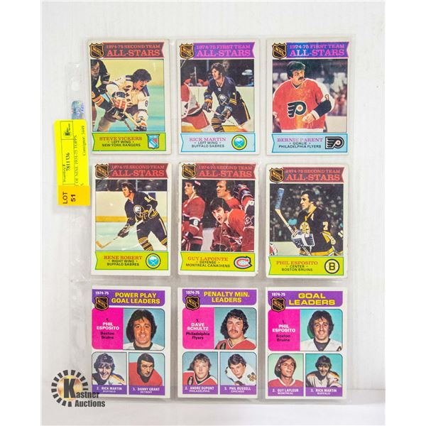 SHEET OF NINE 1974-75 TOPPS CARDS