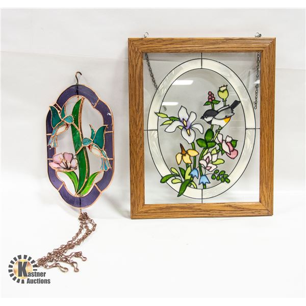 2 STAINED GLASS FRAMED PIECES 16" X 13" + 12" X 7"