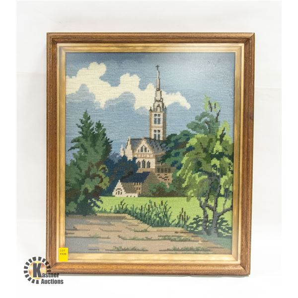 14" X 17.5" FRAMED CHURCH NEEDLEWORK PICTURE