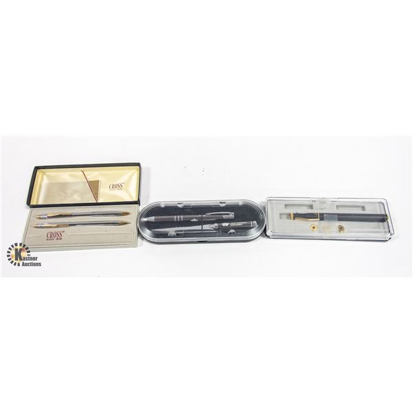 3 NEW PEN SETS (PEN, PEN CROSS, PENCIL, PEN, &