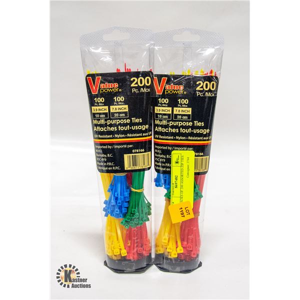2 PACKS OF 200 ASSORTED ZIP TIES