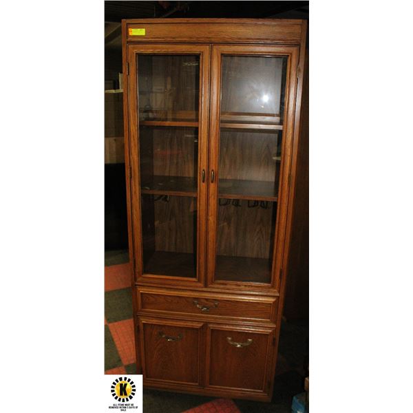 VINTAGE OAK CABINET- GLASS DOORS & DRAWER