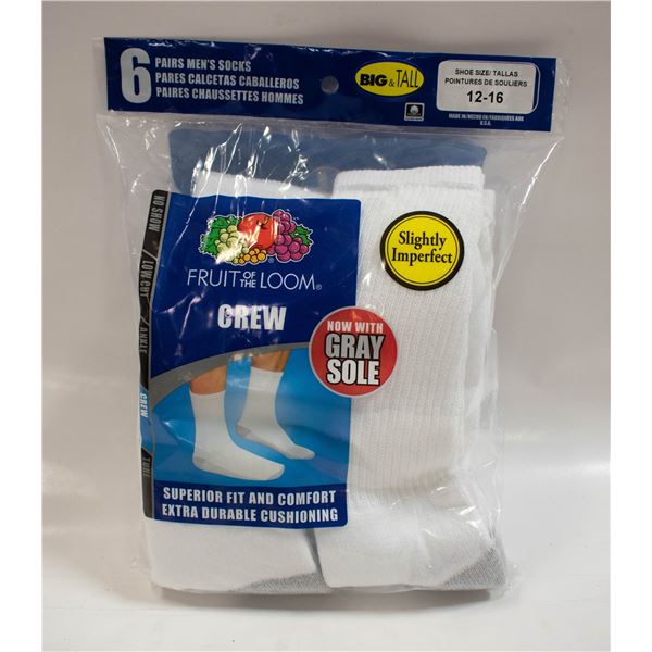 WHITE CREW SOCKS 12-16 SIZE 6-PACK