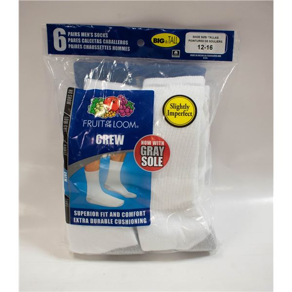 WHITE CREW SOCKS 12-16 SIZE 6-PACK