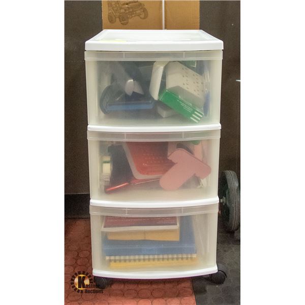 OFFICE SUPPLIES IN 3 TIER PLASTIC STORAGE CART