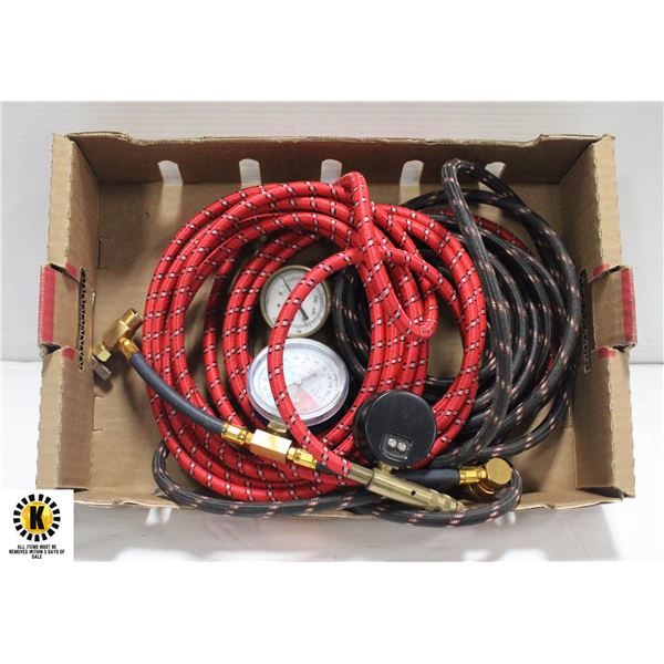 LOT OF AIR COMPRESSOR HOSES AND GUAGES