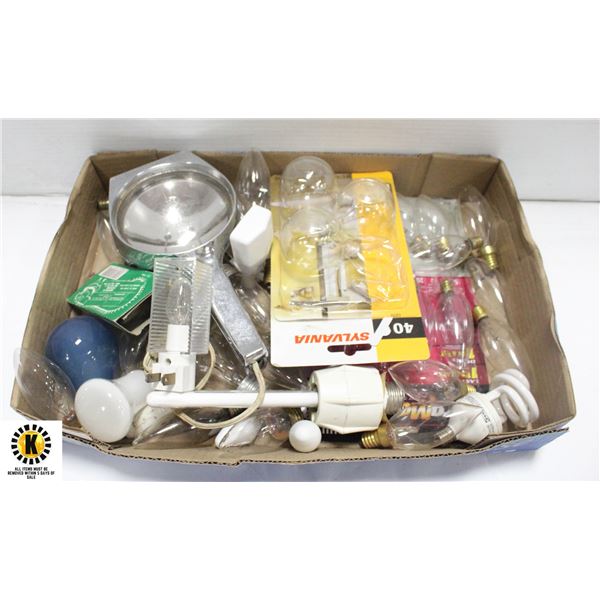 TRAY OF NEW LIGHT BULBS & SPOT LIGHT