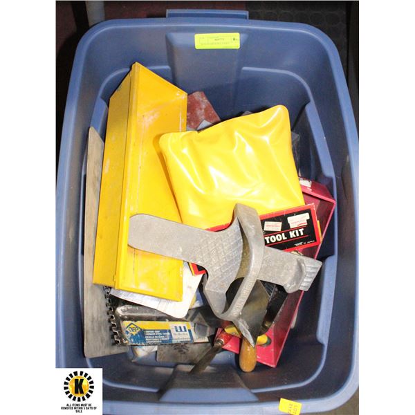 BOX OF DRYWALL TOOLS