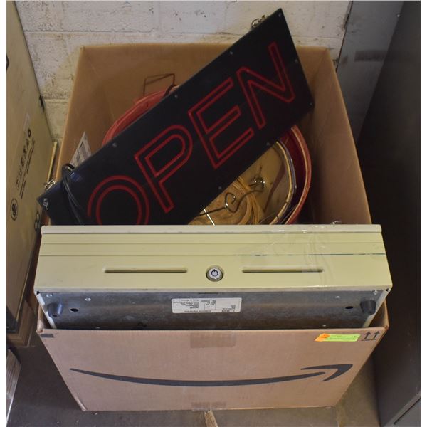 CASH BOX WITH KEY, OPEN SIGN, & BASKETS